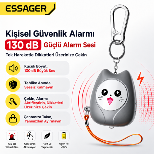 130 dB Kişisel Alarm Anahtarlık LED Fenerli Yüksek Sesli Acil Durum Güvenlik Alarmı Kadın Çocuk Yaşlı Gri