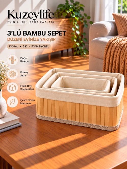 Bambu Trio Dikdörtgen 3lü Sepet Seti