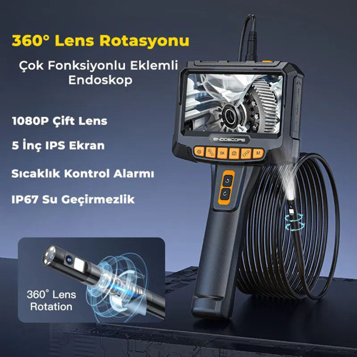 G10 Pro 5m Kablolu 360° Dönebilen Çift Lensli Eklemli Endoskop - 5 İnç IPS Ekran, Sıcaklık Sensörlü Sanayi Boroskopu