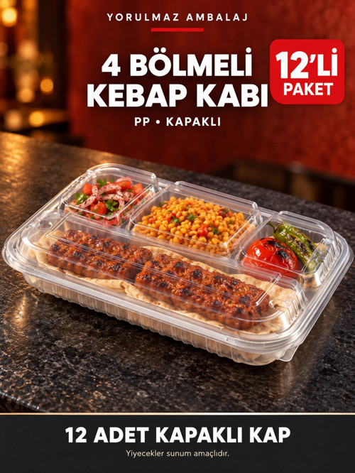4 Bölmeli Pp Kapaklı Kebap Kabı 12’li – Şeffaf Bölmeli Yemek Ve Paket Servis Kabı