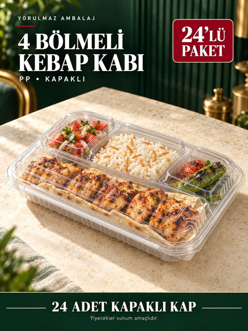 4 Bölmeli PP Kapaklı Kebap Kabı 24’lü Paket – Şeffaf Yemek ve Menü Kabı