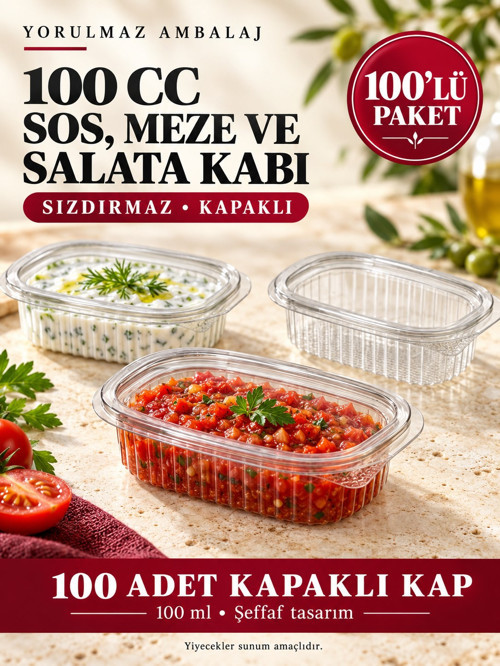 100 Cc Sızdırmaz Kapaklı Sos, Meze Ve Salata Kabı 100’lü – Şeffaf Porsiyon Kabı