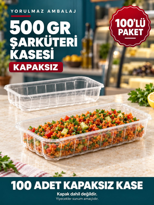 500 Gr Kapaksız Şarküteri Kasesi 100’lü – Şeffaf Dikdörtgen Meze Ve Salata Kabı