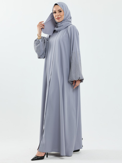 Saye Dubai Şallı Kolu Taşlı Abaya Takım Gri- 1022