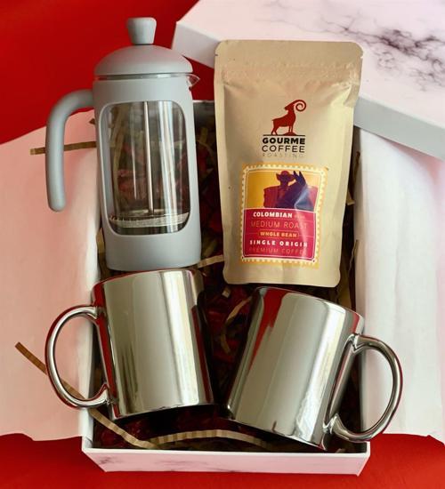 Çift Gümüş Kupa French Press & Filtre Kahve Sevgiliye Hediye Seti
