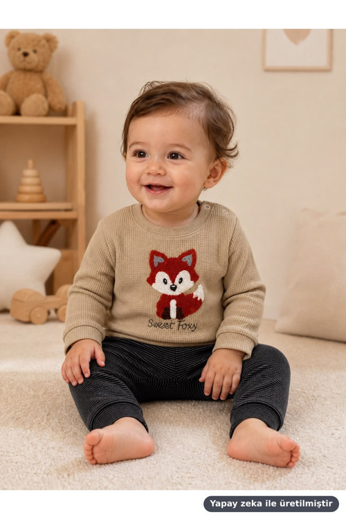 Erkek Bebek 2'li Takım Tilki Nakışlı Sweet Foxy — Bej