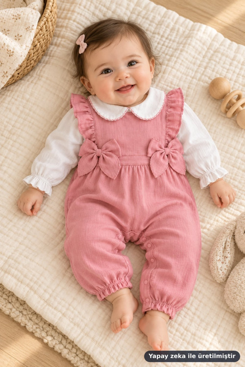 Kız Bebek Müslin Salopet Takım Fiyonklu — Pembe