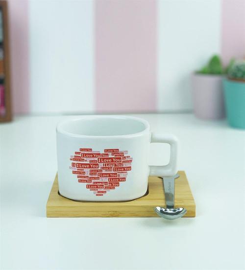 I Love You Tasarımlı Ahşap Standlı Kupa