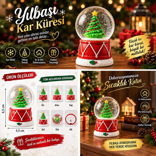 2027 Yeni Yıl Noel Çam Ağacı Temalı Işıklı Kar Küresi Yılbaşı Hediyesi 6.5 cm