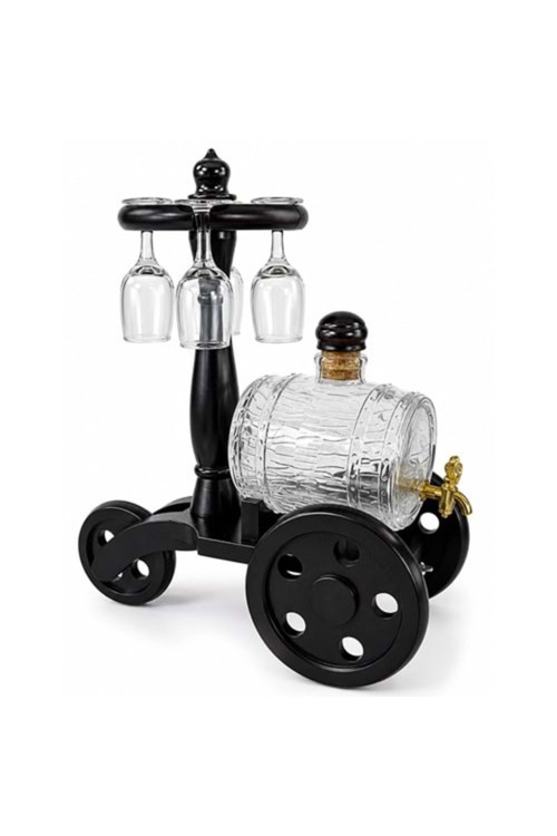 Ahşap Standlı Cam Fıçı Ve 4 Kadehli İçki Servis Seti - 35x32cm