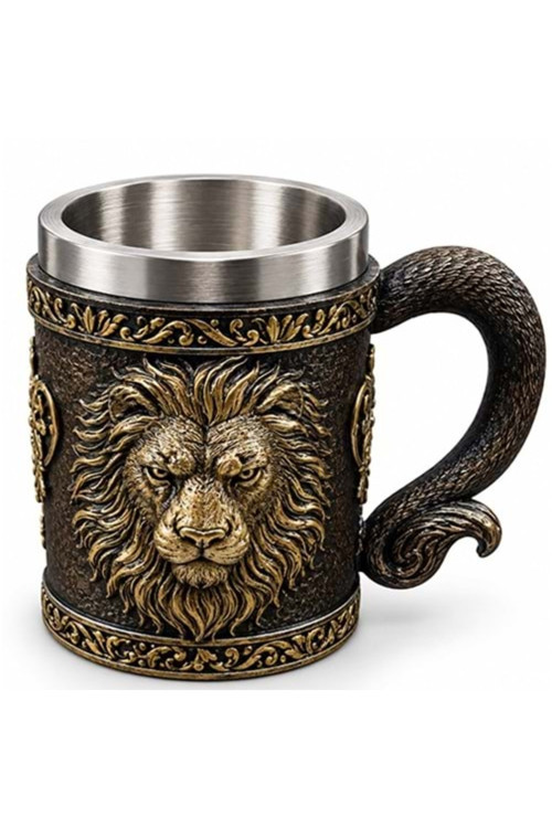 Aslan Figürlü 3D Kabartmalı Paslanmaz Çelik Kupa Bardak Altın Yaldızlı