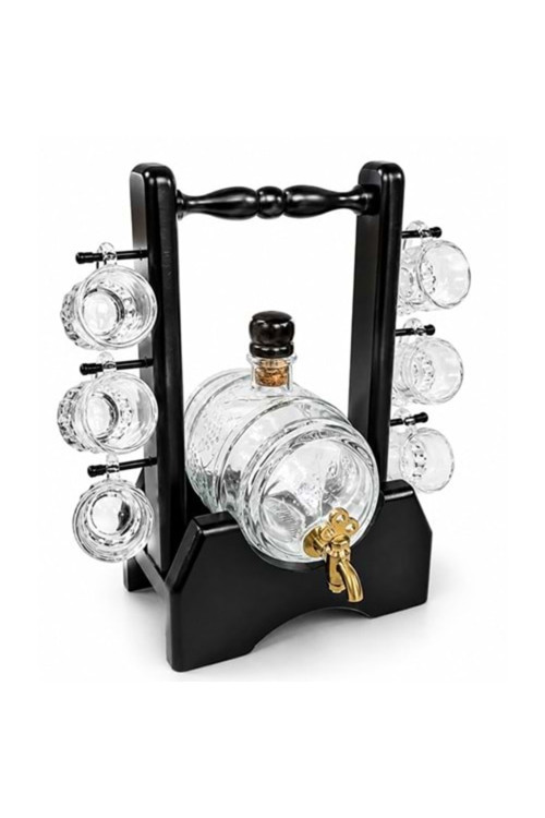 Ahşap Standlı Cam Fıçı Ve 6 Shot Bardaklı İçki Servis Seti - 26x16cm