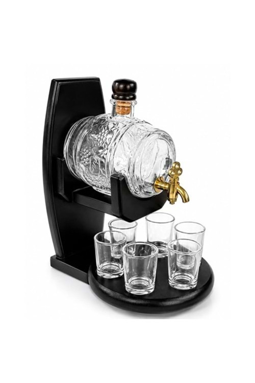 Ahşap Standlı Cam Fıçı Ve 6 Shot Bardaklı İçki Servis Seti - 23x14cm