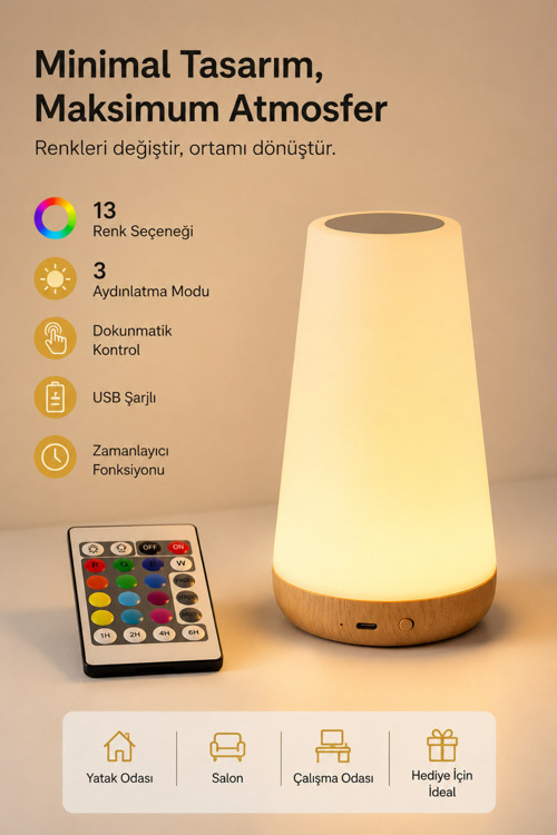 Rgb Dokunmatik Led Masa Lambası Kumandalı, Usb Şarjlı, 1500 Mah, Renk Değiştiren Gece Lambası