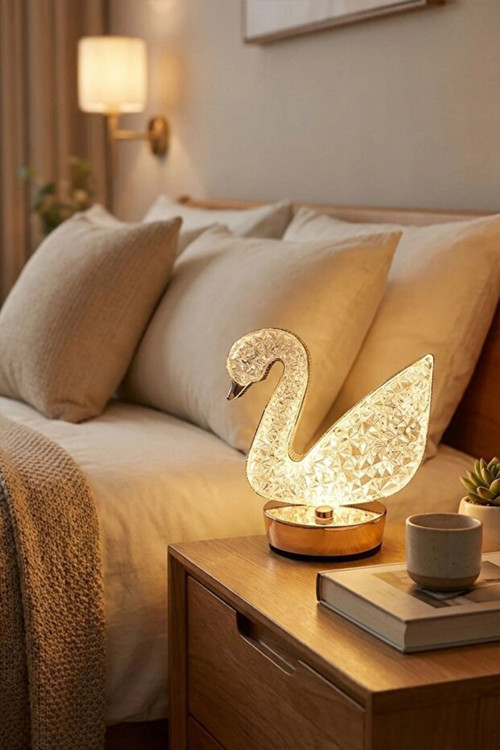 Kristal Kuğu Led Masa Lambası 3 Renk Işıklı Dekoratif Aydınlatma