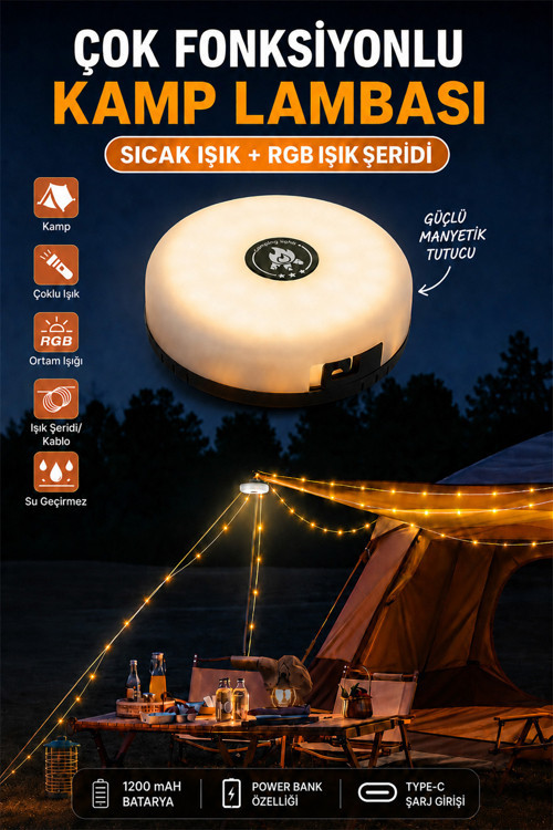 1200 Mah Bataryalı Çok Fonksiyonlu Kamp Lambası Ve 10 Metre Rgb Işık Şeridi