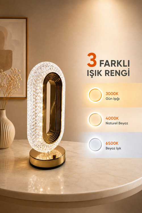 Kristal Elmas Gold Altın Renkli Dimmerli Şarjlı Dekoratif Dokunmatik Masa Lambası