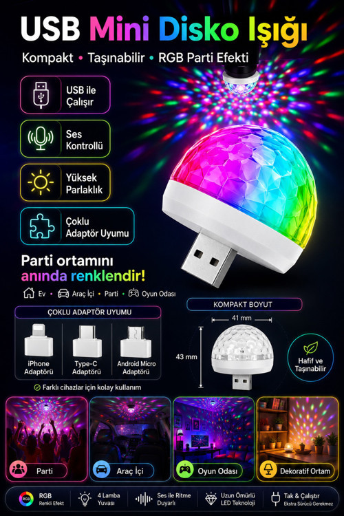 Rgb Usb Mini Disko Topu - Ses Sensörlü Renkli Led Parti Lambası