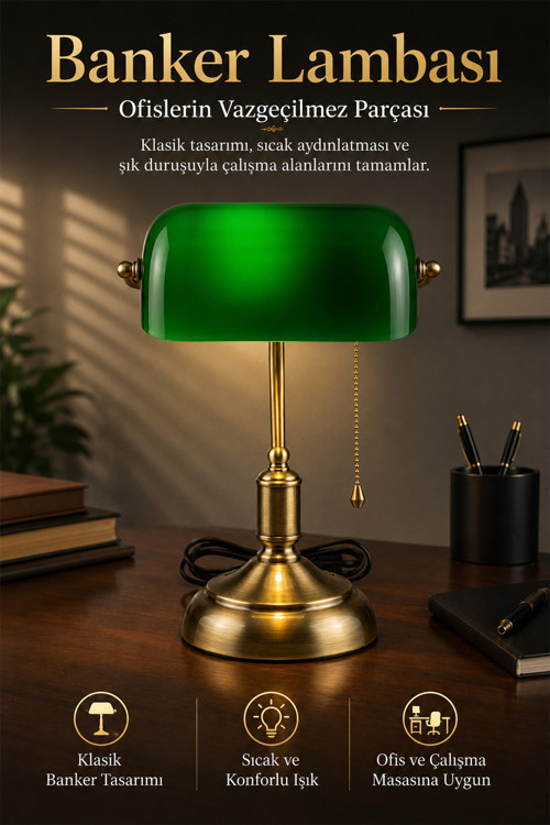 Banker Masa Lambası Yeşil Cam Eskitme Gövde E27 Duy Retro Dekoratif Masa Lambası (Ampul Hediyeli)