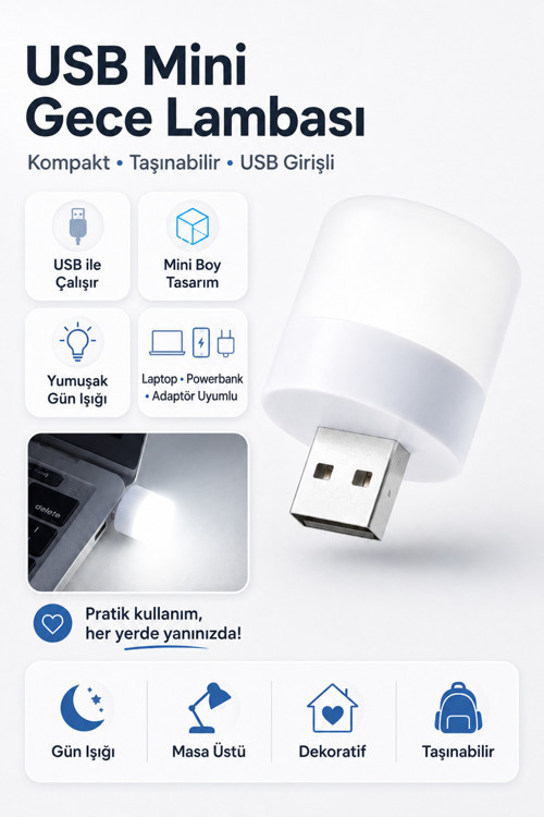 Mini Usb Led Beyaz Gece Lambası - Powerbank Ve Laptop Uyumlu Ortam Işığı