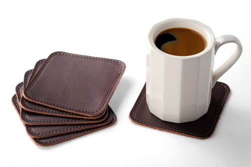 Hakiki Deri 6'lı Bardak Altlığı Seti - El Yapımı Bitkisel Tabaklanmış Deri Bardak Altlığı 10 x 10 cm Kahverengi