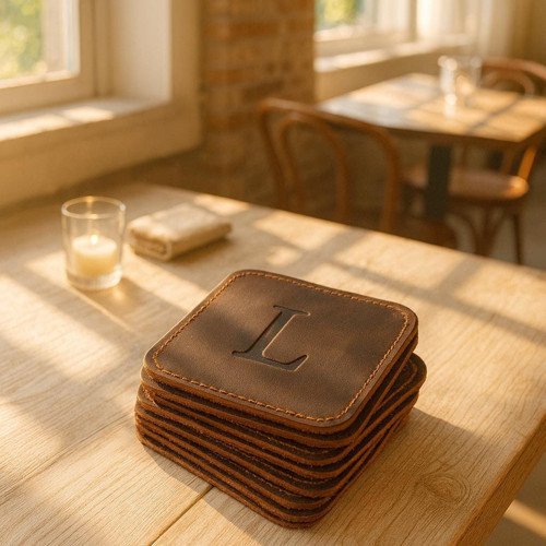 Hakiki Eskitme Deri 6'lı Kare Bardak Altlığı Seti - El Yapımı Lüks Masa Aksesuarı 12x12 cm Kahverengi