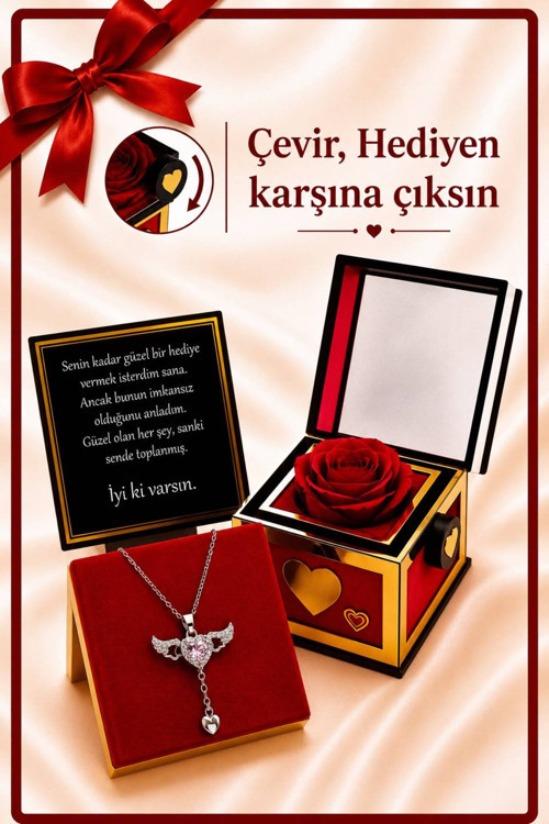 Gümüş Kaplama Kanatlı Melek Güllü Çevirmeli Dönen Kutu Kadın Çelik Kolye Doğum Günü Yıldönümü Sevgiliye Özel Hediye