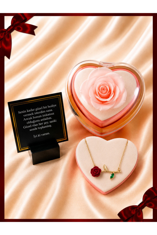 Sevgiliye & Anneye Özel Pembe Güllü Kalpli Kutuda Gül Kolye – Romantik Hediye Seti