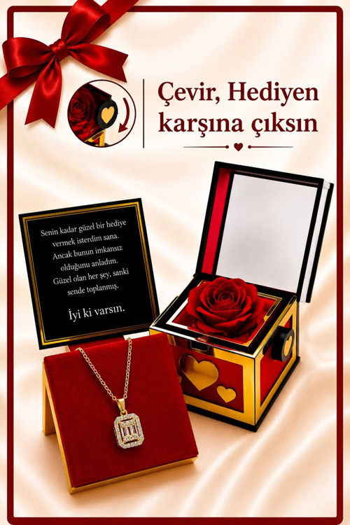 14 Ayar Altın Kaplama Baget Güllü Çevirmeli Dönen Kutu Kadın Çelik Kolye Doğum Günü Yıldönümü Sevgiliye Özel Hediye