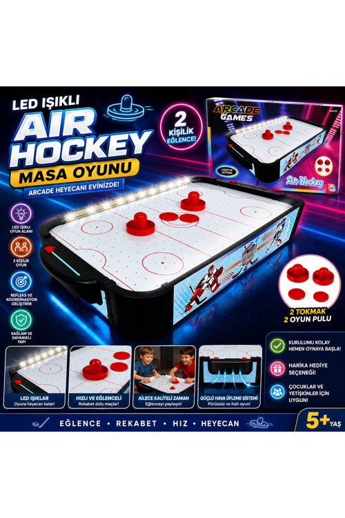 LED Işıklı Masaüstü Air Hockey Oyunu 50x30 cm – 2 Kişilik Hava Hokeyi Arcade Oyun Seti