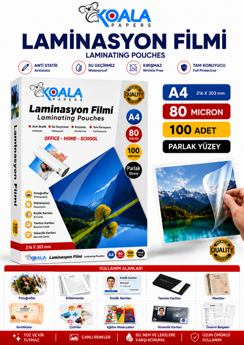 A4 Laminasyon Poşeti 80 Mikron Büro ve Ofis 100 Adet