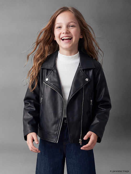 LCW Kids Siyah Biker Yaka Kız Çocuk Deri Görünümlü Ceket
