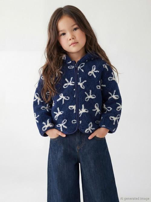 LCW Kids Lacivert Kapüşonlu Kız Çocuk Pelüş Ceket
