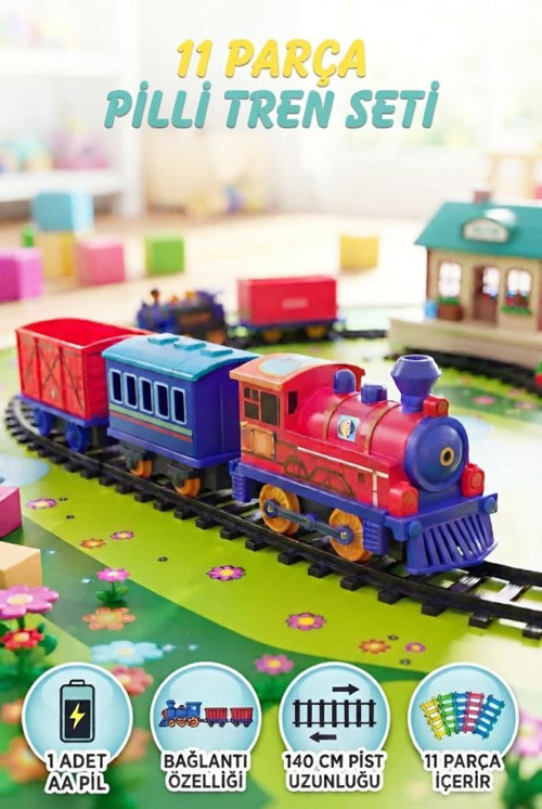 11 Parça Pilli Tren Seti 140 cm Ray Uzunluğu Kolay Kurulumlu Eğitici ve Eğlenceli Oyuncak Tren