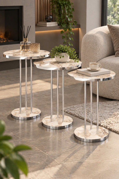 Gümüş Metal Ayaklı Efes Mermer Desenli 3'lü Zigon Sehpa Takımı