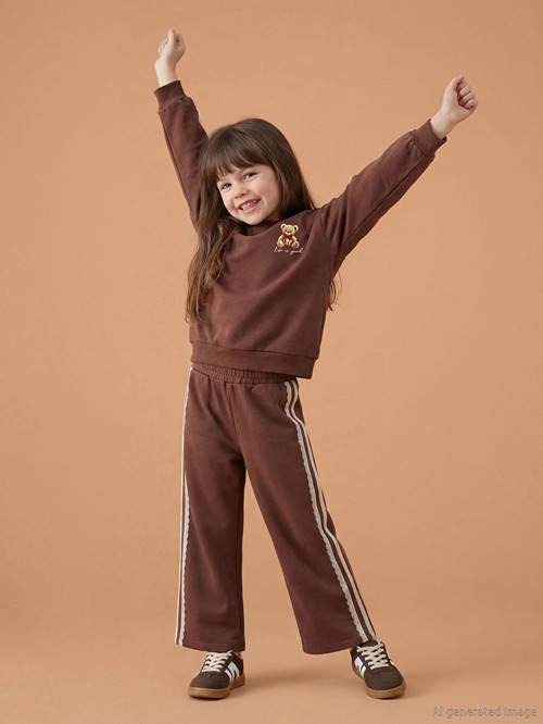 LCW Kids Kahverengi Ayı Teddy Baskılı Kız Çocuk Eşofman Takımı