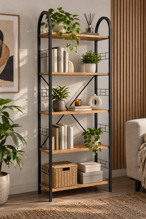 Metal Kitaplık Atlantik Çam Desenli 180 cm 5 Raflı