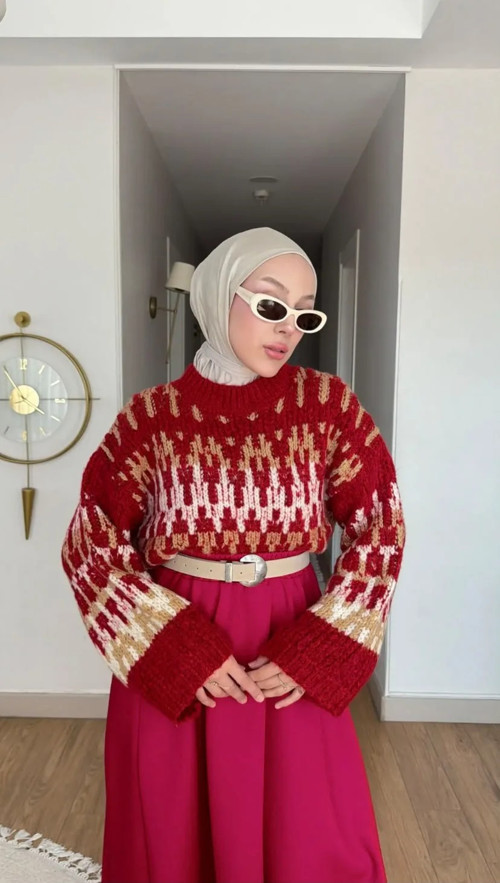 Kadın Etnik Desenli, Bisiklet Yaka, Salaş Triko Kazak - Standart Beden Kırmızı