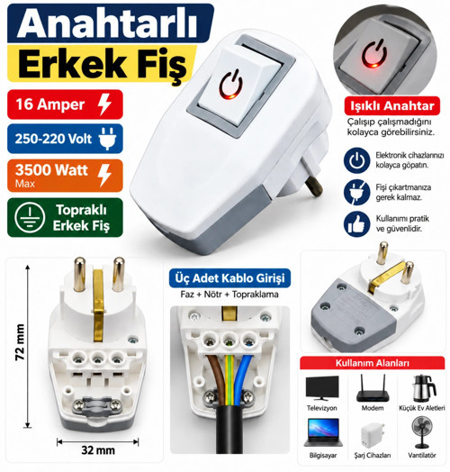 Erkek Anahtarlı Topraklı Fiş Işıklı Anahtarlı Beyaz 220 Volt (Kolay Bağlantı)