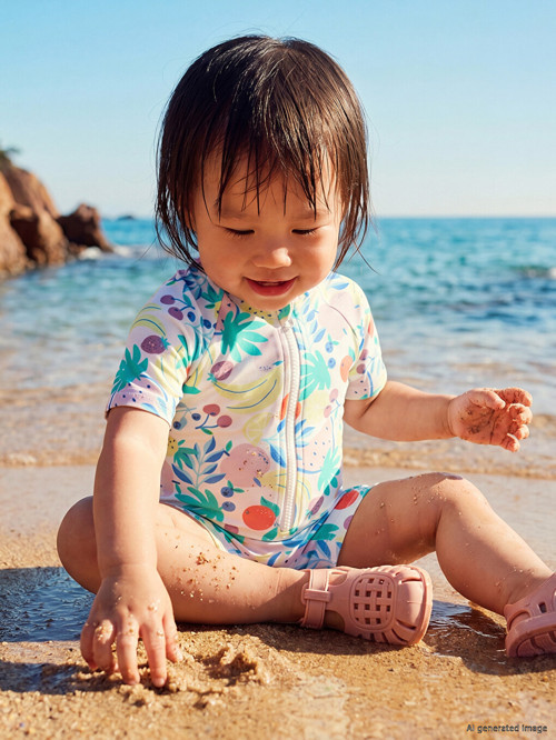 LCW baby Beyaz Desenli Kısa Kollu Kız Bebek Mayo