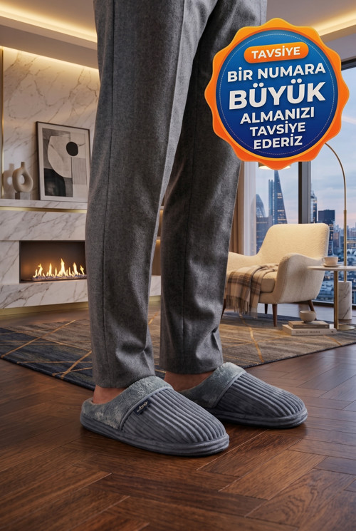 Erkek Ev Terliği, Çeyiz Terliği Kışlık Terlik, Ses Yapmaz Yumuşak Hafif Taban Gri