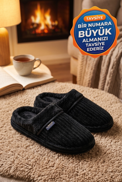 Erkek Ev Terliği, Çeyiz Terliği Kışlık Terlik, Ses Yapmaz Yumuşak Hafif Taban Siyah