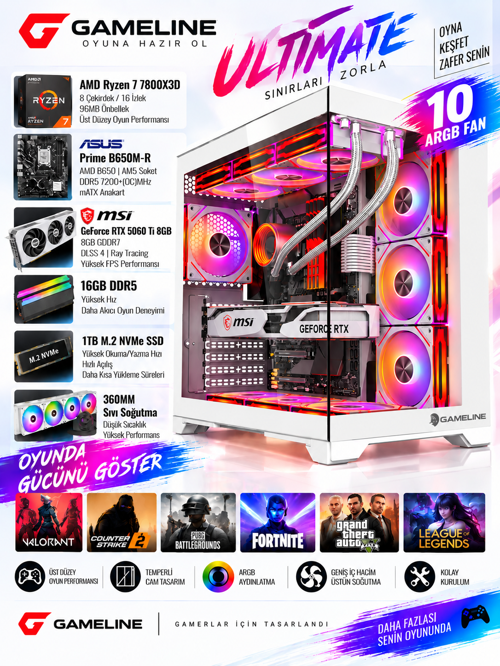 Ultimate /Ryzen 7 7800X3D /RTX 5060 Ti 8GB /16GB 5600MHZ DDR5 Ram /Asus Prime B650M-K /1tb M.2 Nvme SSD /360MM Sıvı Soğutmalı 10X Argb Fan Oyuncu Bilgisayarı