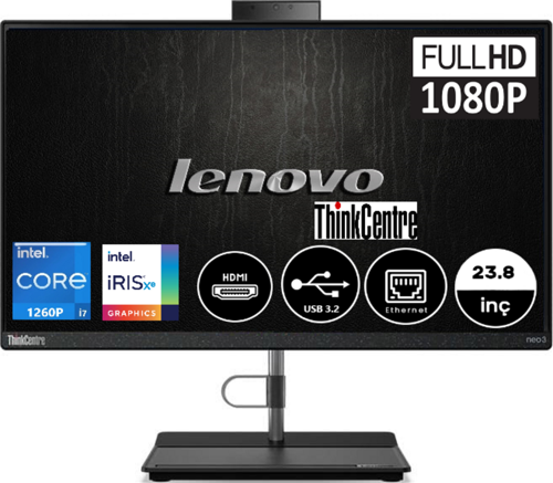 Thinkcentre Neo 30A Intel i7 1260P 64 GB 512 GB SSD Freedos Intel Iris Xe Graphics 23.8" FHD All In One Bilgisayar 12B0008JTX21