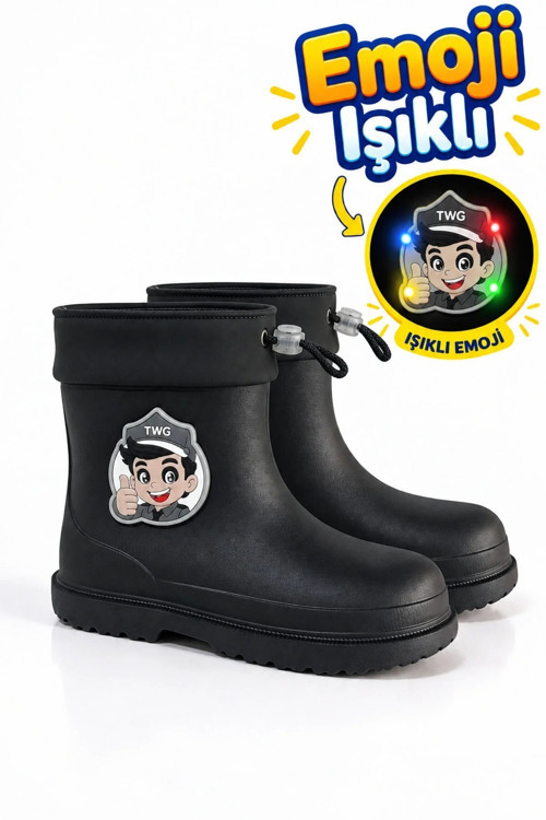 Çocuk Kışlık Emojili Işıklı Konforlu Tüylü Yağmur Çizmesi Unisex