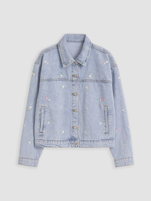 LCW Kids Mavi Çiçek Nakışlı Kız Çocuk Jean Ceket