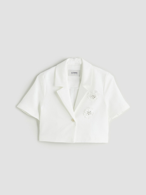 LCW Kids Beyaz Çiçekli Kız Çocuk Crop Ceket