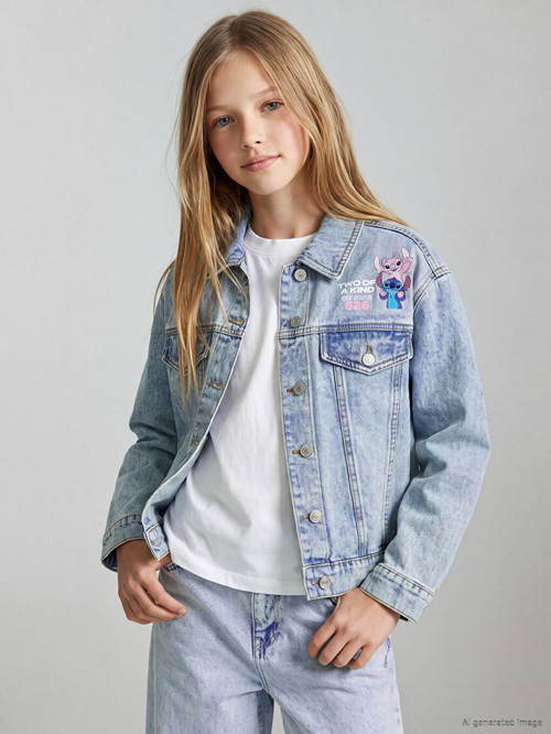 LCW Kids Mavi Stitch Baskılı Kız Çocuk Jean Ceket