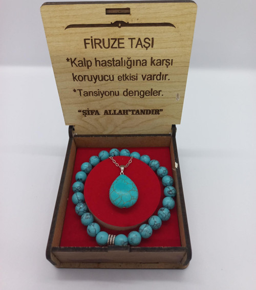 Özel Kutulu Firuze Taşı Kolye Bileklik Set Doğaltaş Kolye Künye