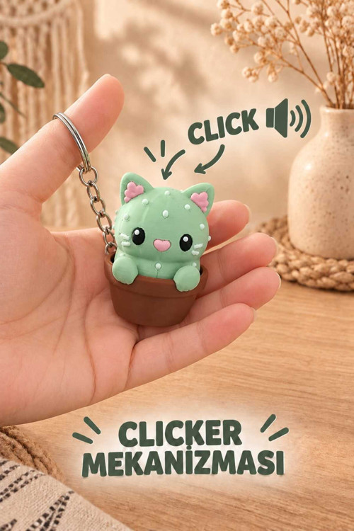 Cactus Cat Clicker, Clicker Kedili Anahtarlık , Çanta Charmı / Stres Oyuncağı